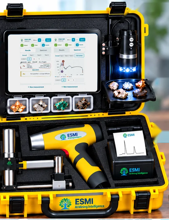 The ESMI field kit: an open yellow transport case with the field tablet, the USB microscope with a sample tray, sample boxes, the handheld XRF analyser, the holder and a printer.