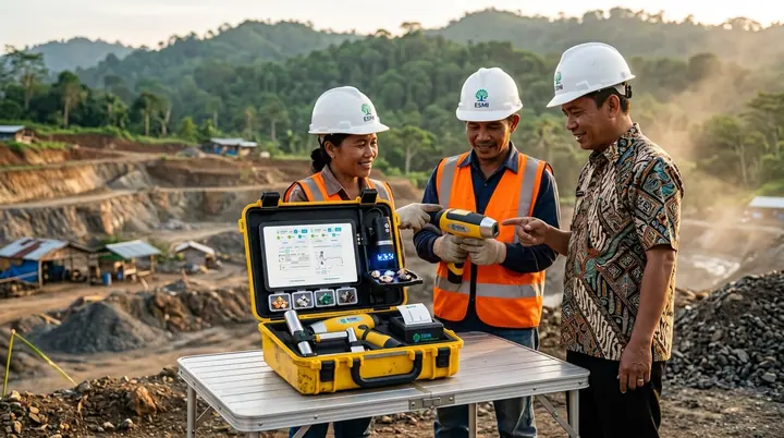Orang-orang berhelm putih ESMI dan rompi oranye, serta seorang petugas berbatik, berkumpul di sekitar koper ESMI kuning yang terbuka di atas meja lapangan di lokasi tambang, melihat hasil di tablet.