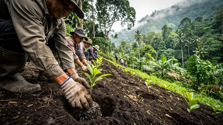 Tangan menanam bibit pohon muda di tanah gelap, dengan perbukitan berhutan di belakang.