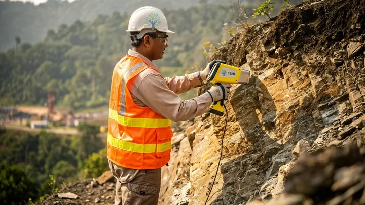 Seorang pekerja berpakaian keselamatan oranye dan berhelm menempelkan alat analisis ESMI XRF berwarna kuning pada dinding batuan.