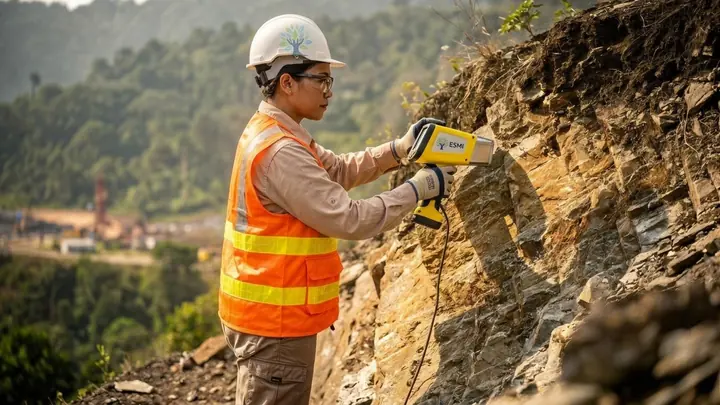 Seorang perempuan Indonesia berpakaian keselamatan oranye dan berhelm mengukur dinding batuan dengan alat analisis ESMI XRF berwarna kuning.