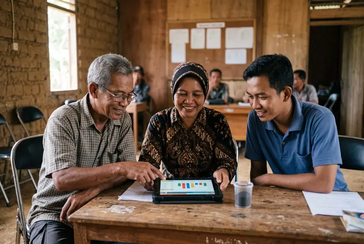 Rapat koperasi di balai desa, melihat hasil di tablet dengan cangkir sampel di atas meja.