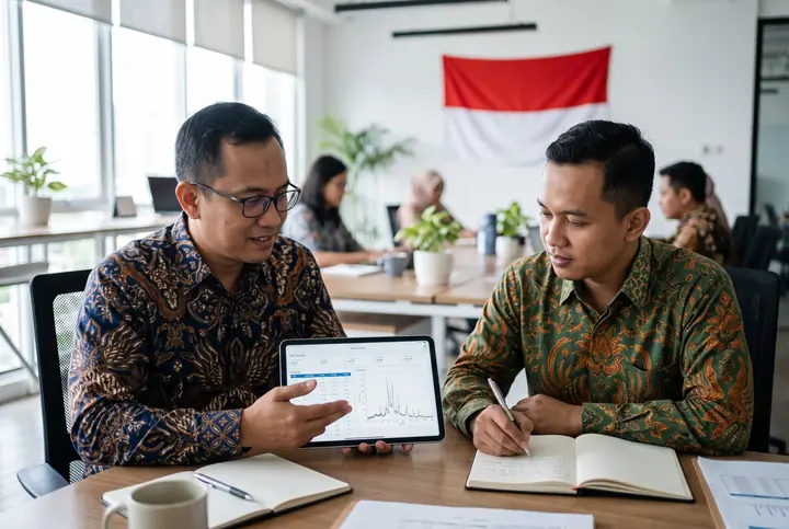 Dua petugas pemerintah berbatik memeriksa laporan di tablet, dengan bendera Indonesia di belakang mereka.