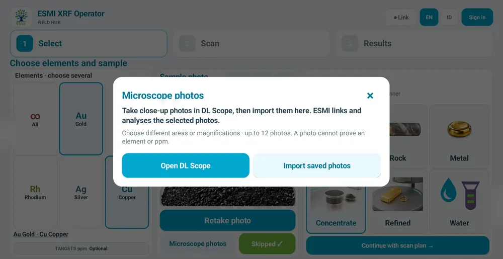 Microscope photos. Take close-ups with the microscope app, then import them here, up to 12 per sample.