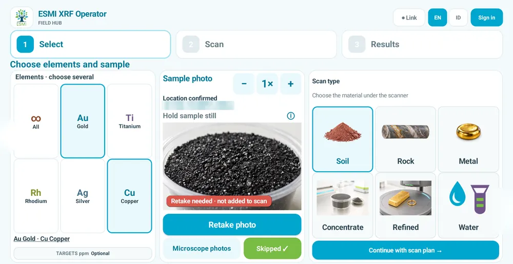 Pick the scan type. Soil, rock, metal, concentrate, refined metal or water.