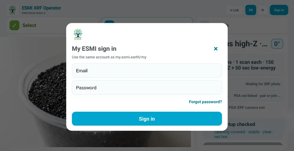 Sign in. The same My ESMI account, on the field tablet.