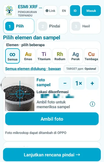 Mulai dengan memilih. Pilih unsur dan sampel lebih dulu. Belum ada yang diukur.
