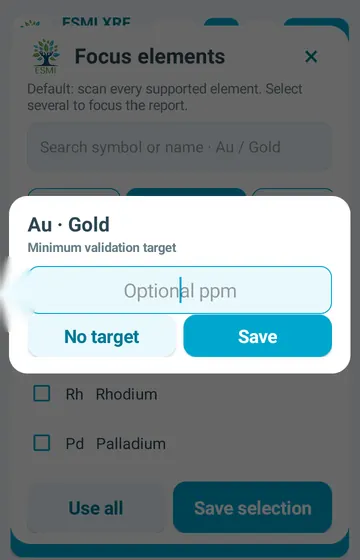 Set a target, if you want one. For an element, enter the amount you want to reach in ppm, or pick No target.