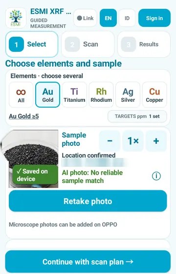 Photograph the sample. Take a photo. It is saved on the tablet, and the app says how well it matches a sample type.