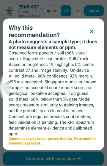 Why this suggestion?. The app explains in plain words what the photo suggests and how sure it is.