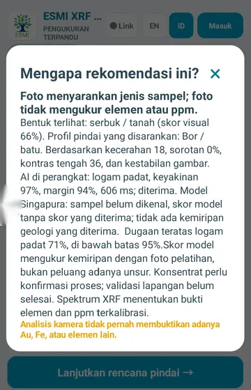 Mengapa saran ini?. Aplikasi menjelaskan dengan kata sederhana apa yang disarankan foto dan seberapa yakin ia.