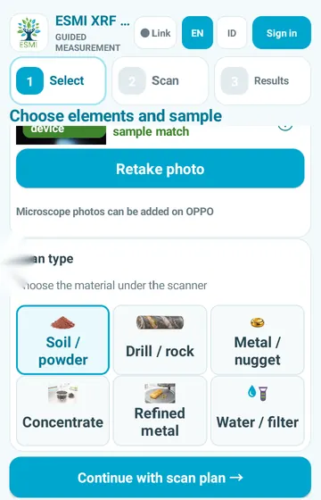 Choose the material. Soil, rock, metal, concentrate, refined metal or water. This sets the scan plan.