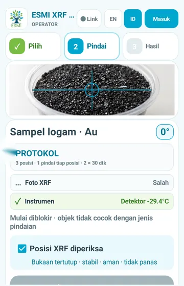 Konfirmasi centang keselamatan. Operator mencentang “Posisi XRF diperiksa”: lubang tertutup, stabil, bersih, dan tidak panas.