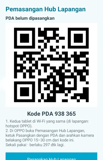 Pasangkan dengan tablet lapangan. Tablet pemindai menampilkan kode QR sekali pakai untuk dipindai tablet lapangan.