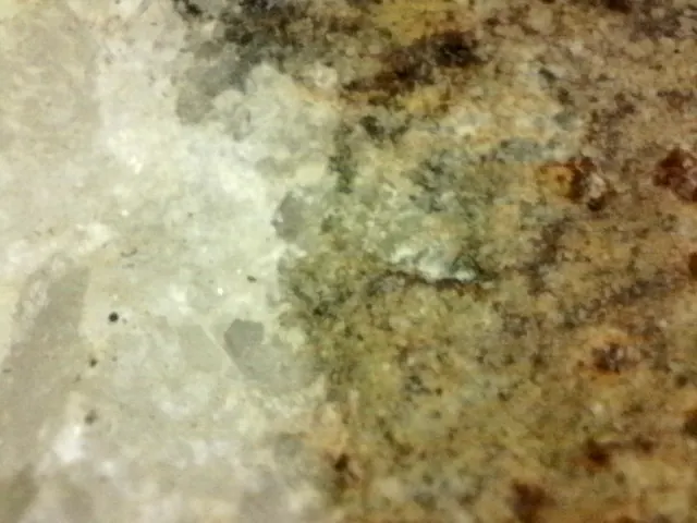 Gambar mikroskop jarak dekat dari bijih: bercak mineral cokelat karat di dalam kuarsa putih dan abu-abu.